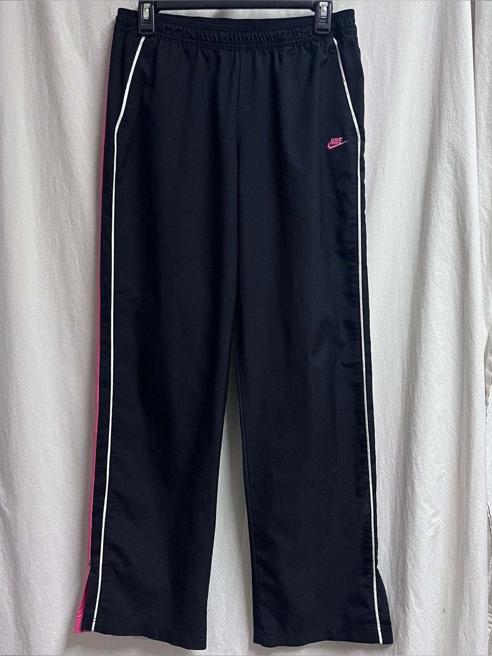 VTG Nike Track Pants Womens Medium Black Pink Side Stripes Wide Leg Athletic